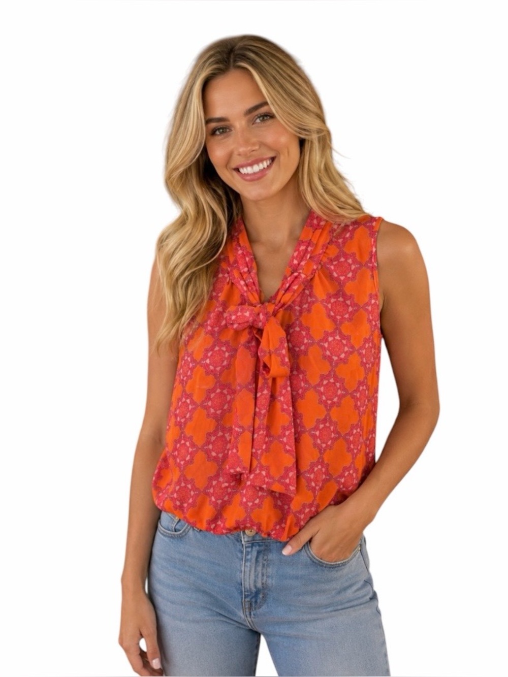 Banana Republic Orange & Pink Patterned Chiffon Top with Bow Size S